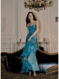 Elegant Mermaid Spaghetti Straps Blue Satin Long Prom Dresses Party Dress 21st Birthday Outfits Graduation Dresses HZ1121