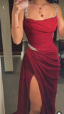 Fancy Mermaid Straps Wine Red Long Split Evening Dress Party Gowns Evening Special Formal Dresses Prom Dress HZ1121