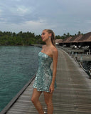Pretty A line Strapless Blue Sequin Formal Homecoming Dresses 18th Birthday Outfits Graduation Dress Short Mini Hoco Dresses HZ1121