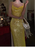 Elegant Sheath Spaghetti Strap Long Evening Gowns Yellow Sequins Special Formal Dresses Slit Prom Dresses HZ1121