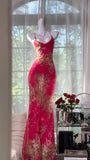 Vintage Red Sheath Long Prom Dress Floral Chiffon Spaghetti Strap Backless Formal Dress HZ1121
