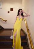Modest Spaghetti Strap Sheath Satin Long Prom Dress, Backless Yellow Evening Dress HZ1121