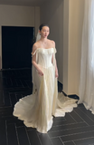 Timeless Off-the-shoulder Sheath Satin Luxury Wedding Dress, Light Champagne Bridal Gowns HZ1121