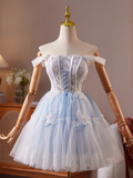 Glam Strap A-Line Tulle Lace Short Prom Dresses, Sky Blue Homecoming Dresses HZ1121
