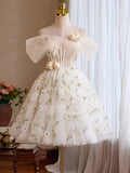 Gorgeous Off-the-shoulder A-Line Tulle Short Prom Dresses, White Homecoming Dresses HZ1121