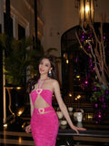Sexy Halter Neck Sheath Evening Dresses Hot Pink Formal Dresses HZ1121