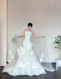 Timeless Strapless Mermaid Tulle Simple Wedding Dresses Sleeveless Ivory Bridal Gowns with Pleats HZ1121