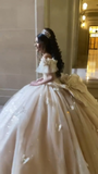 Gorgeous Off-the-Shoulder Ball Gowns Champagne Tulle Sequins Long Quinceanera Dress Formal Gowns Vestido De 15 Anos Sweet 16 Dress HZ1121