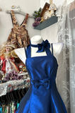 Chic Halter A-Line Long Prom Dresses Satin Blue Evening Dresses HZ1121