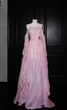 Sweet Strapless Sheath Long Prom Dresses Tulle Pink Evening Dresses HZ1121