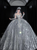 Luxury Off-the-shoulder Ball Gown Beaded Long Wedding Dresses Tulle Silver Bridal Dresses Sleeveless Bridal Gowns HZ1121