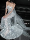 Gorgeous Strapless Mermaid Long Wedding Dresses Tulle Beaded White Bridal Dresses Sleeveless Bridal Gowns HZ1121
