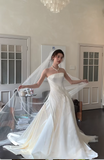 Modest Strapless A-line Long Wedding Dresses Sleeveless Satin Bridal Dresses White Bridal Gowns HZ1121