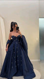Elegant Sweetheart A-Line Navy Blue Long Prom Dresses Sleeveless Satin Navy Blue Evening Dresses HZ1121
