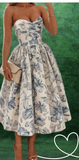 Elegant Wedding Guest Outfit Ball Gown Blue Floral Formal Night Dresses Summer Tea Length Wedding Guest Dresses HZ1121
